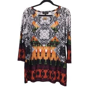 Melissa Paige Women’s Geometric Tribal Key Hole Neck Boho Long Sleeve Blouse L